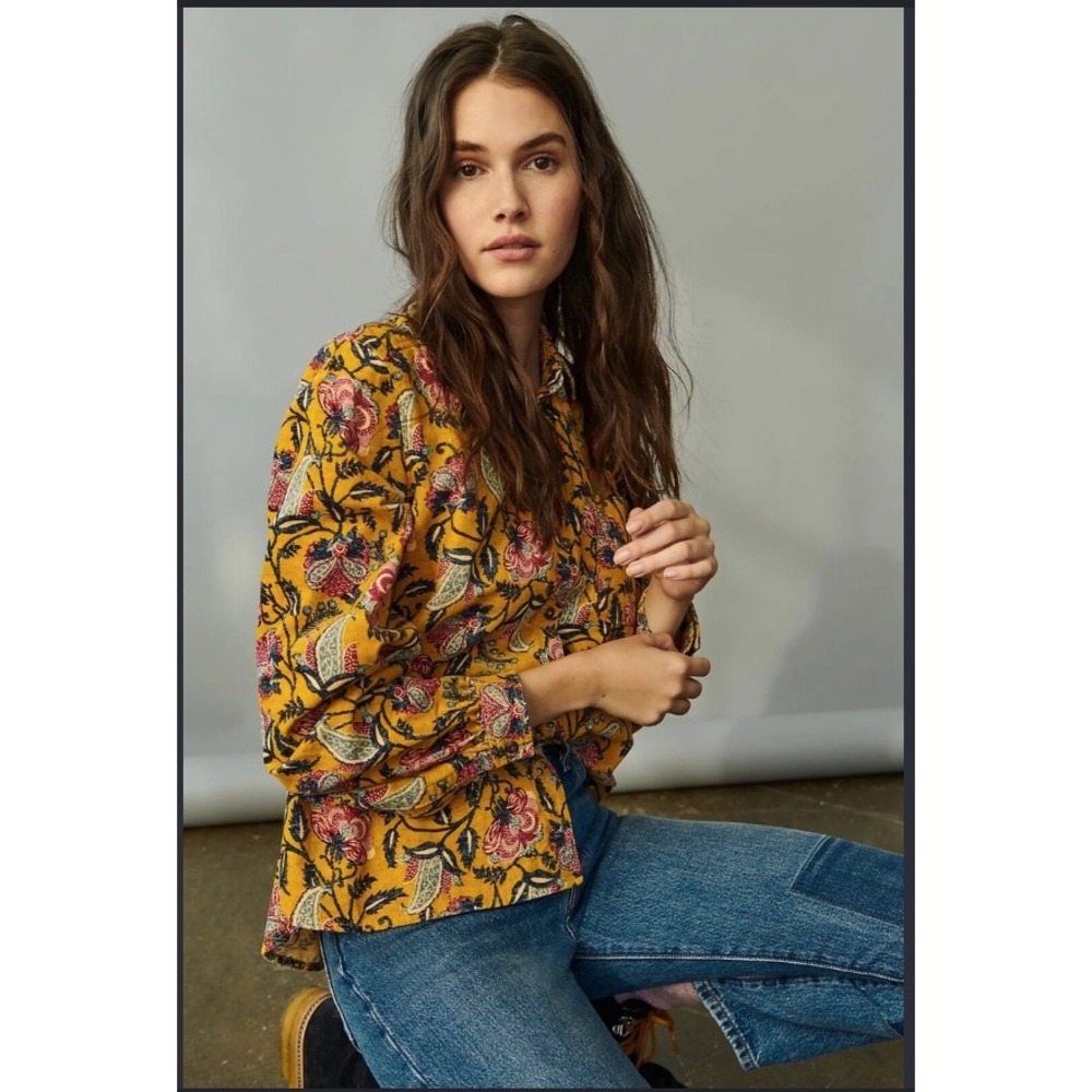 Pilcro by Anthropologie Sigourney Corduroy Buttondown Shirt Floral Medium